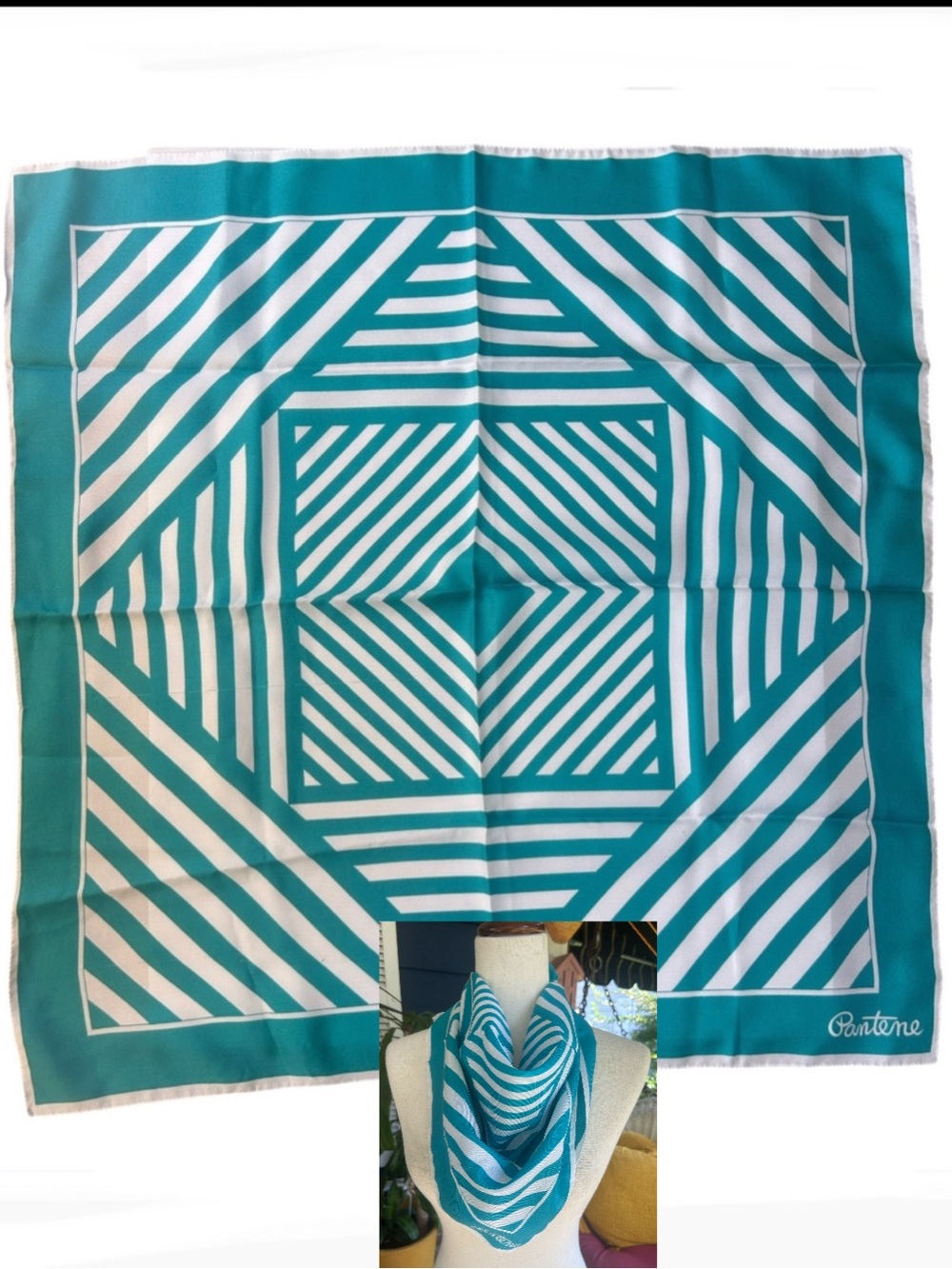 Vintage Teal & White Geometric Scarf
